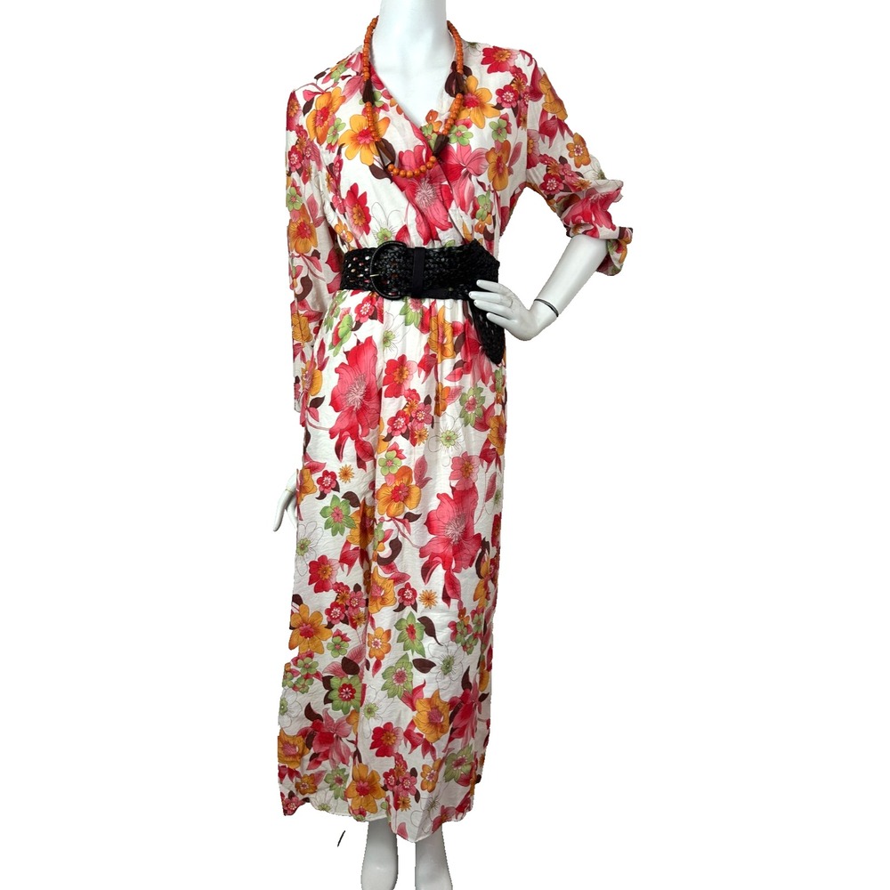Trisha Tyler Floral Maxi Dress Medium VNeck Orange Pink Red Yellow Romantic EUC